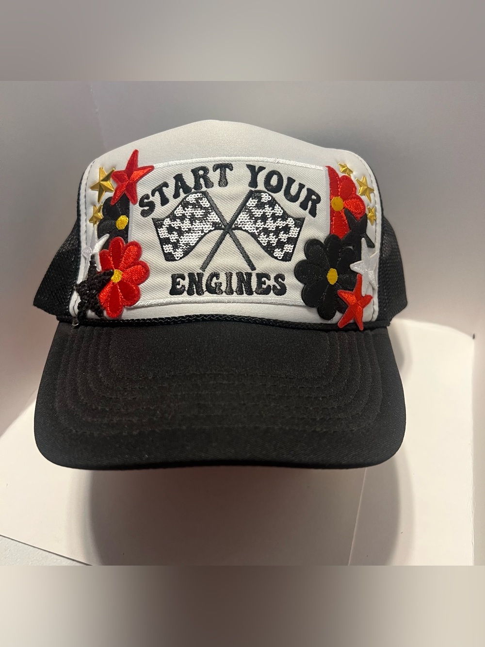 Start Your Engines Black & White Trucker Hat with Red Floral Accents